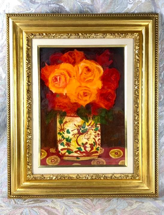 【真作】清原啓一「赤絵壺の薔薇」油彩4号　一枚の繪取扱作品　芸術院会員　巨匠名品