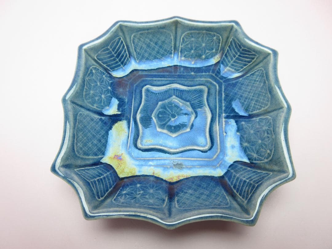 珉平焼 四方隅切皿 交趾陽刻 小皿 ７枚　70707