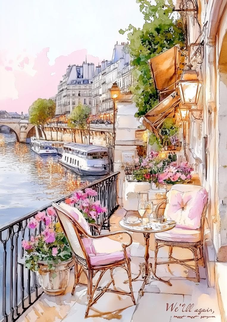 Hさん専用_Ａ４プリント画「パステルピンクに染まるテラスで」　他３枚