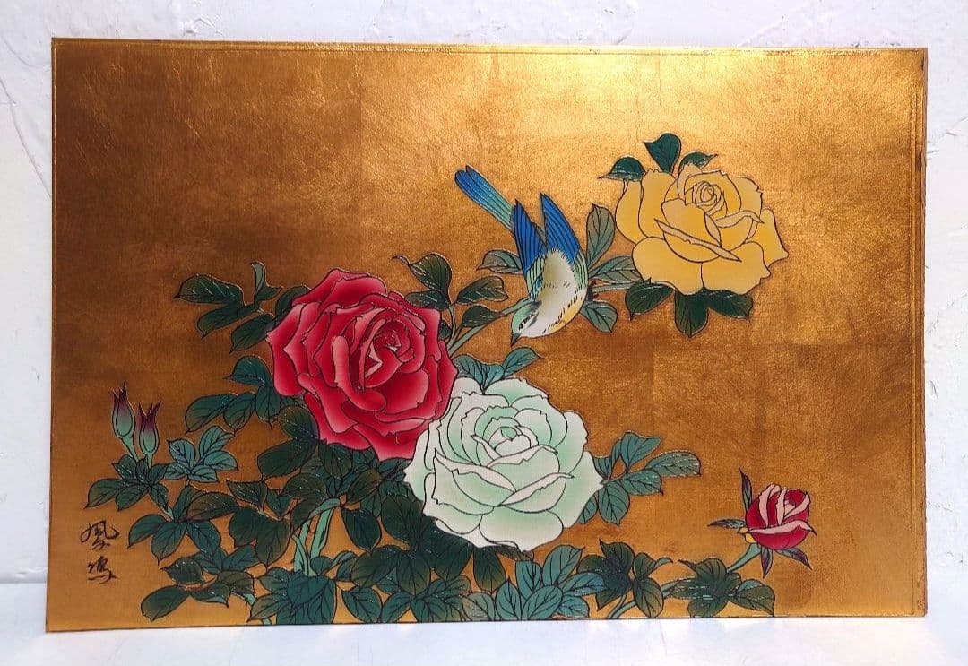 宮越鳳鳴 加賀金箔七宝工芸彫 薔薇 バラ ばらroseローズ 鳥 銅板金工 彫金