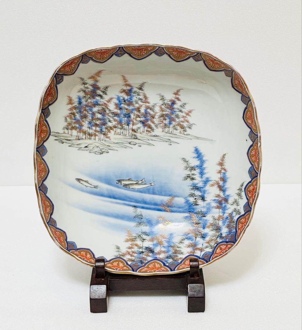 明治 香蘭社 有田焼 オールド香蘭社 代表意匠 色絵竹林鮎文 大鉢