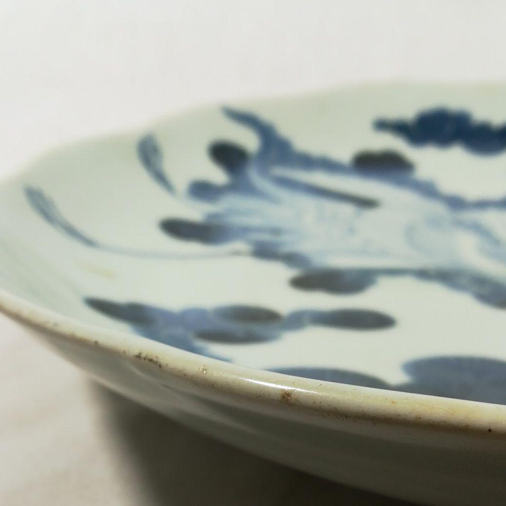 古い　染付大皿　皿　鶴　松