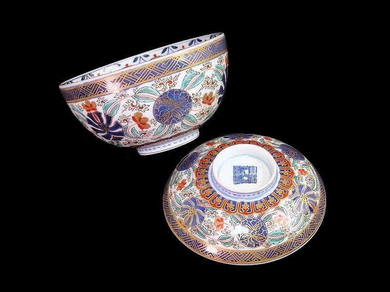 古伊万里　金襴手　瓔珞紋に花の図　蓋茶碗　江戸期　C000AS-CJa