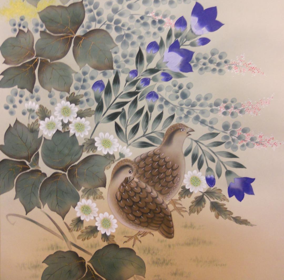 Popo掛け軸 川村観峰 秋草に鶉 うずら 絹本 希少 茶道具 掛軸 美品