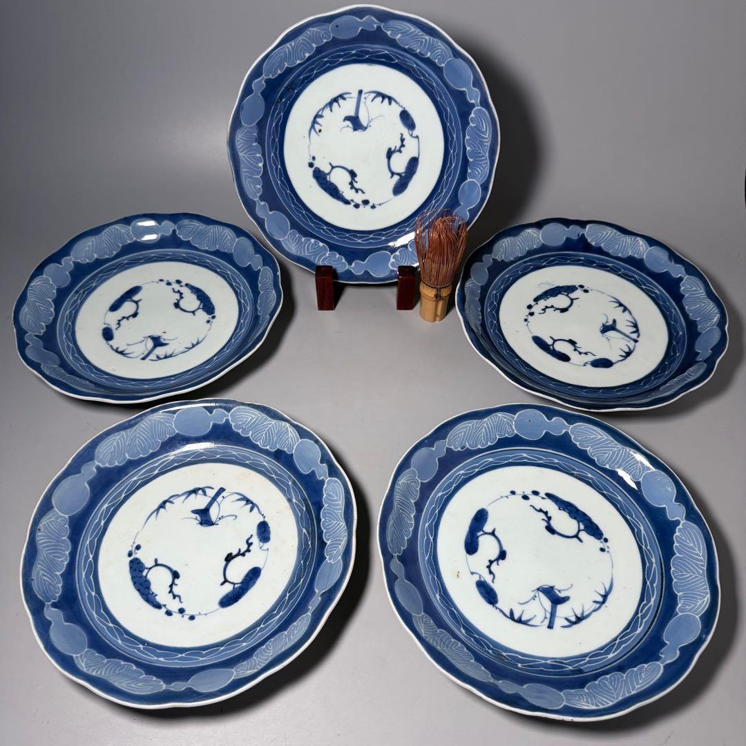 江戸後期　古伊万里　墨弾き　染付　松竹梅　瓢箪文様　5枚　23.3cm　雰囲気◎