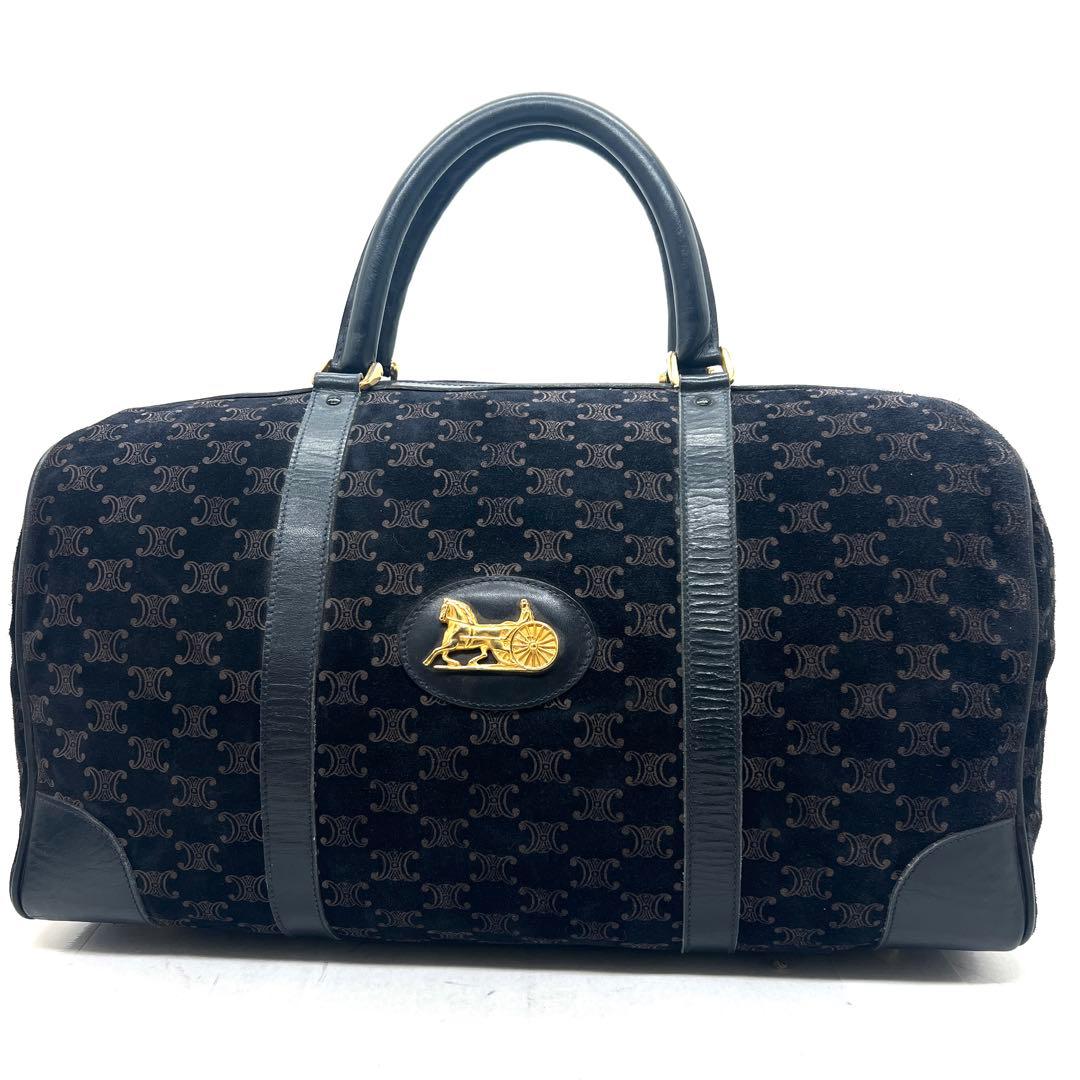 【美品】セリーヌ ボストンバッグ マカダム柄 ロゴプレート 金馬車