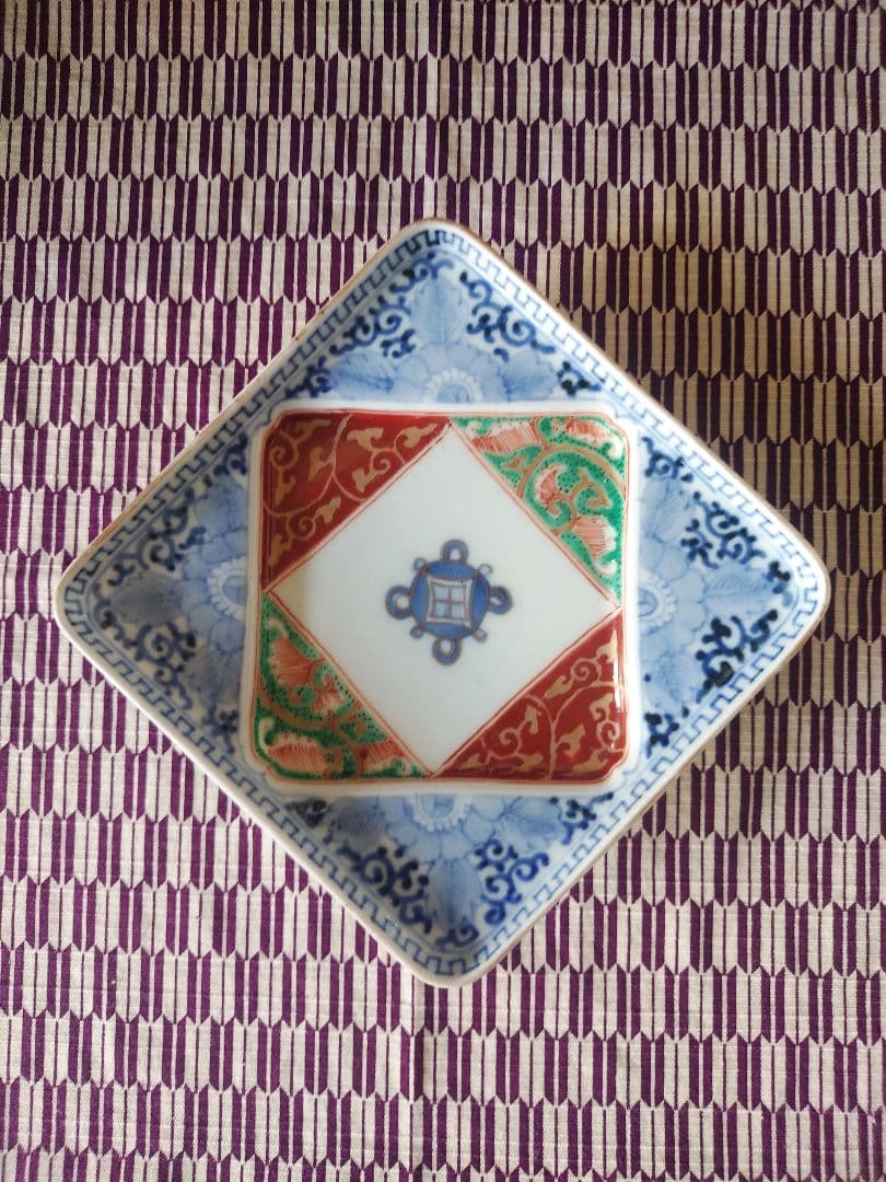 美品 古伊万里 色絵 染付 四方皿 正方形皿 アンティーク 陶芸 工芸品