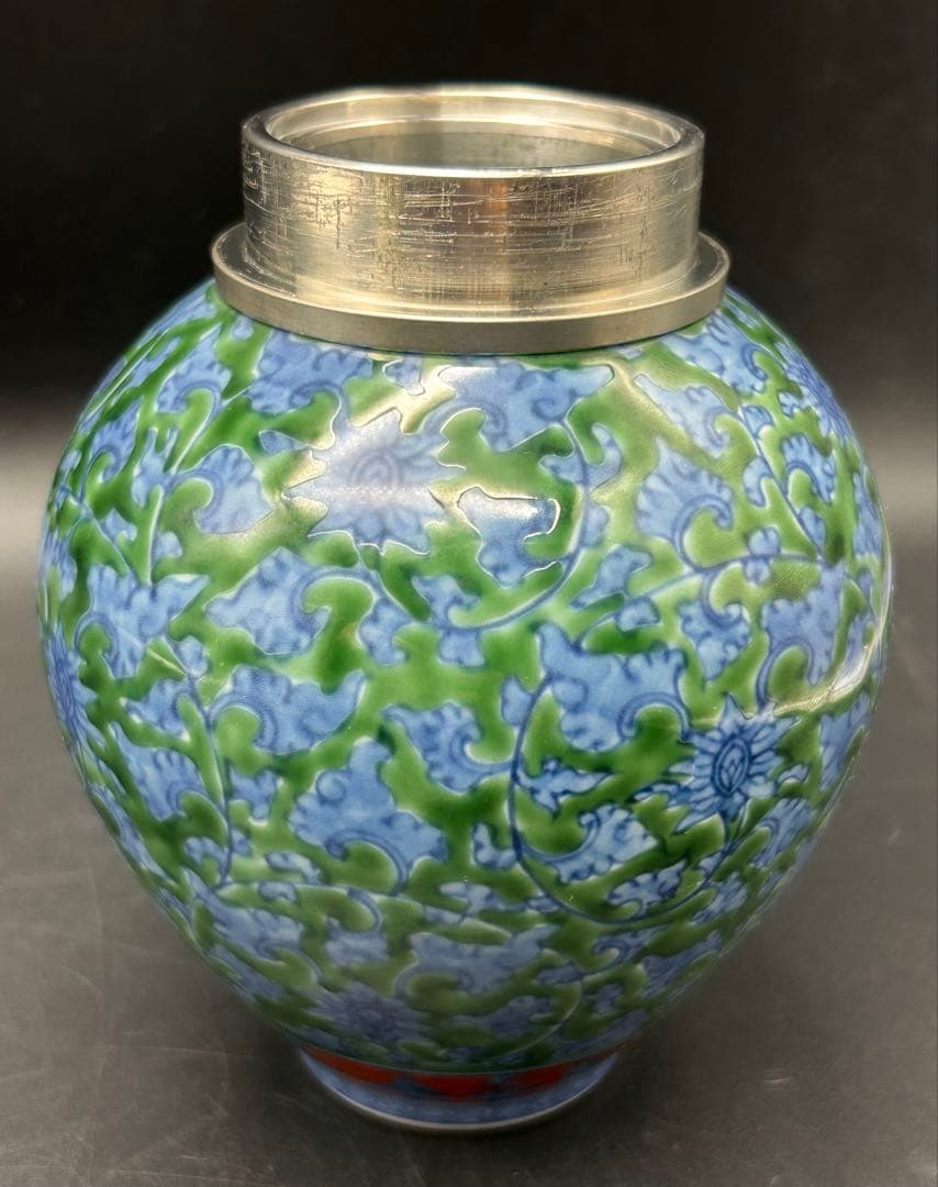 【希少】源右衛門窯　館林源右衛門　緑彩唐草文　錫口　茶壺　茶道具　有田焼 共箱