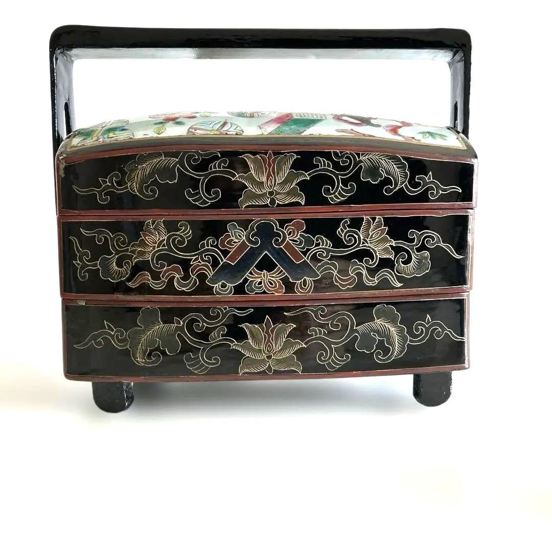 ヴィンテージ中国製漆塗り3段重箱、多彩な花柄