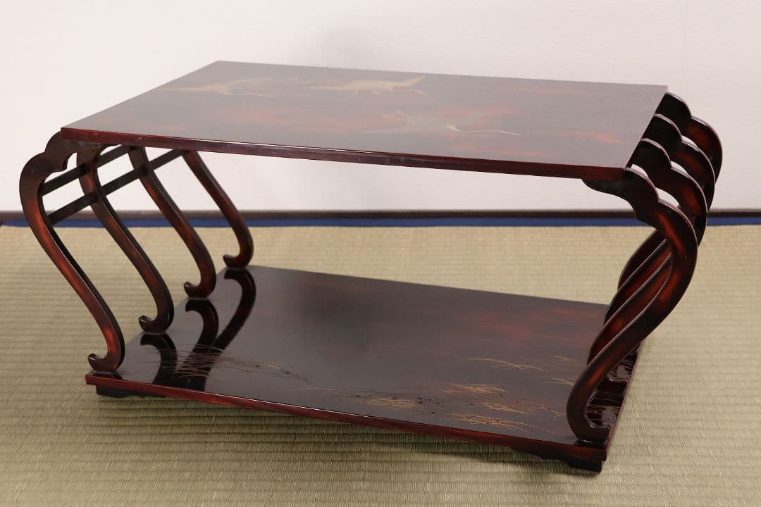 時代 漆芸 鶴図 金銀蒔絵 曙塗 八足 二段卓 木製 花台 銀露【MA661】