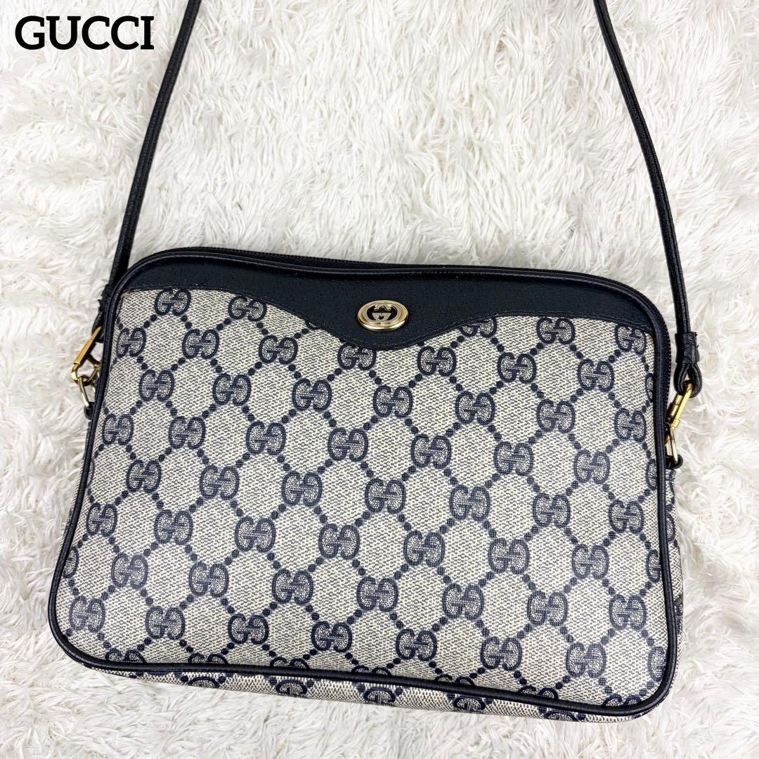 【美品】オールドグッチ GGスプリーム ロゴ金具 ショルダーバッグ ネイビー