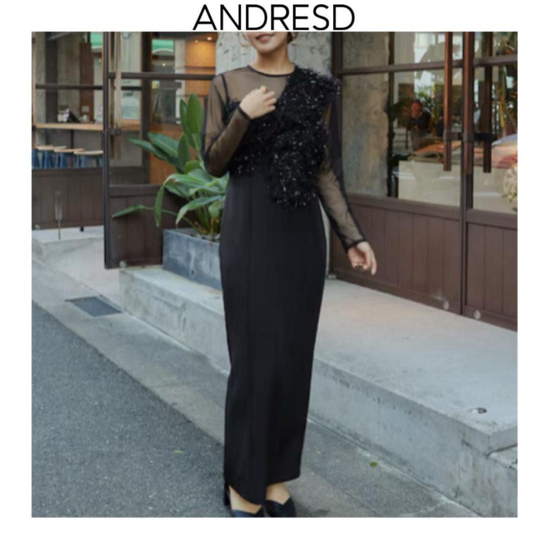 新品　ANDRESD フリンジグリッターノットドレス ブラック　ワンピース