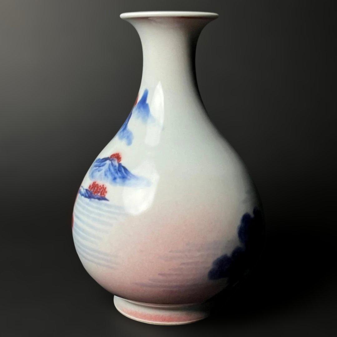 唐物 青花釉裏紅楼閣山水人物紋 玉壺春 大清康煕年製 款 中国美術古玩 S54