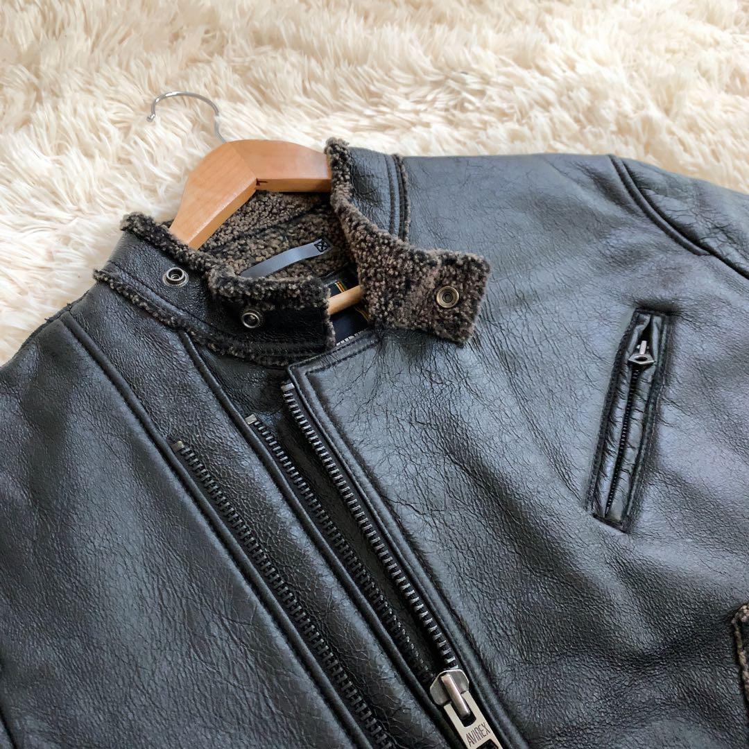 XL AVIREX ムートンレザー ジャケット ライダース 黒 ボア メンズ 革