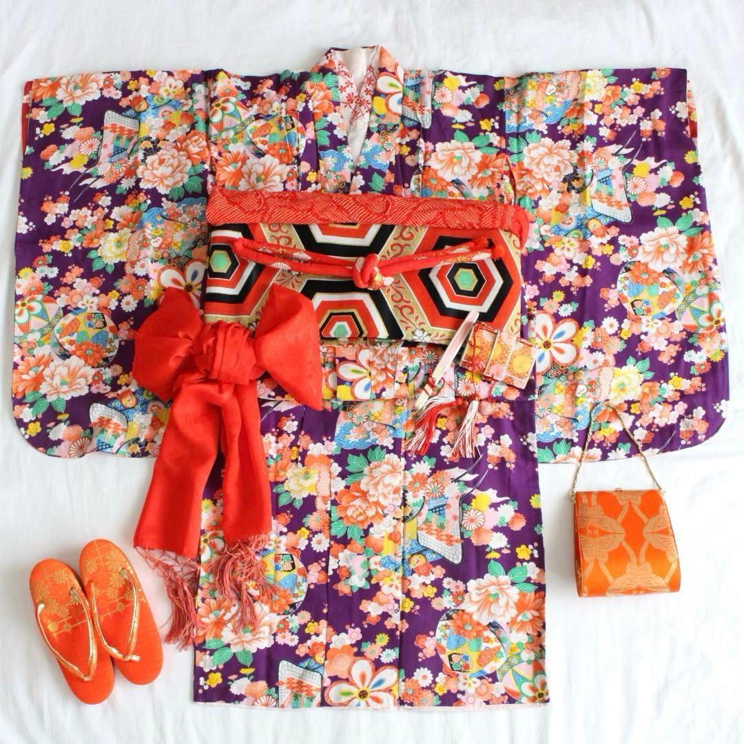 七五三 7歳 女の子 子供 アンティーク 紫 着物 帯 セット