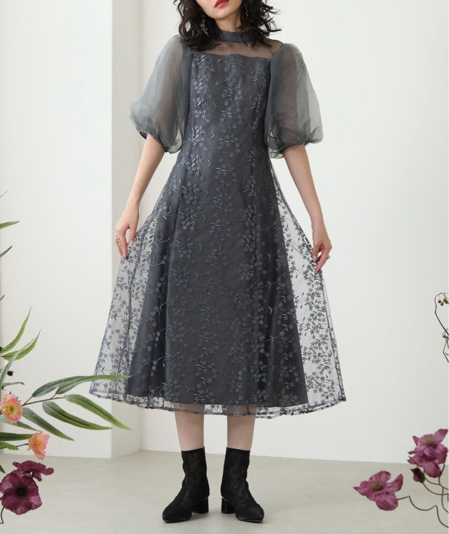kana カナ シアー素材 ボリューム袖 レース オケージョン ドレス L