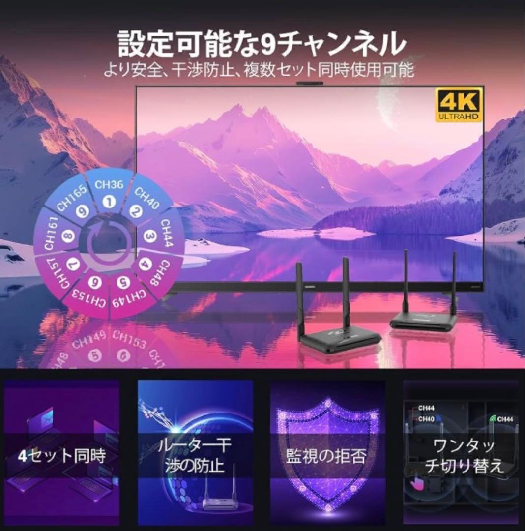 ワイヤレスHDMI 送信機　受信機　4K 9つのWi-Fiバンド