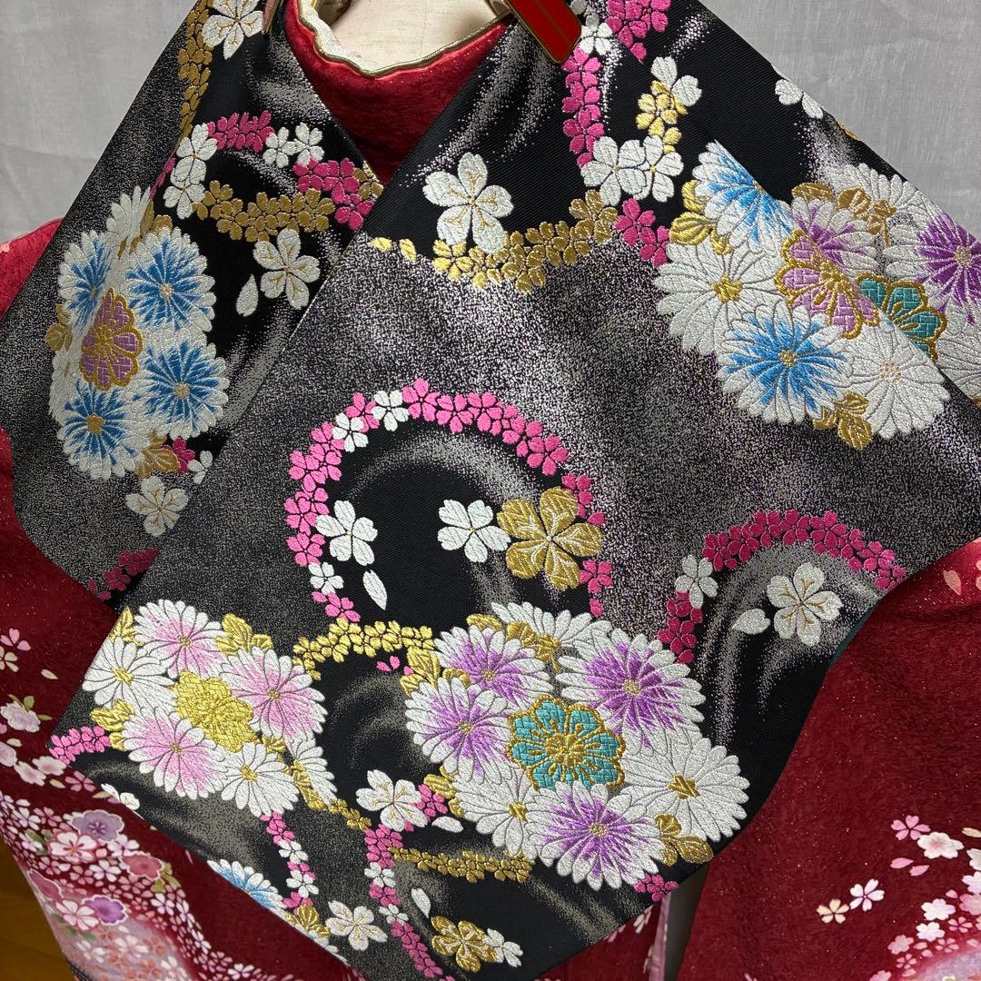 【振袖フルセット】+小物セット 豪華百花文様 深紅 銀糸 7点セット