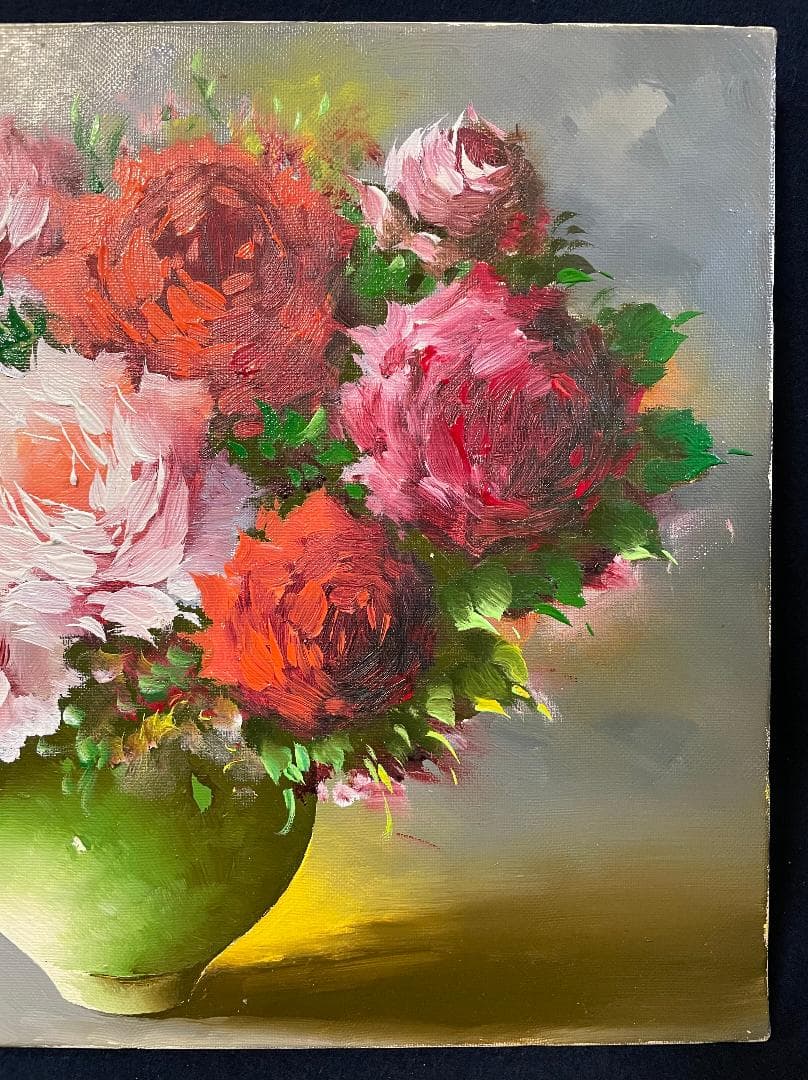 ぽ*り様 「真作」岸本芳雄「ばら」静物画　油彩画　額装　サイン有り　F6号