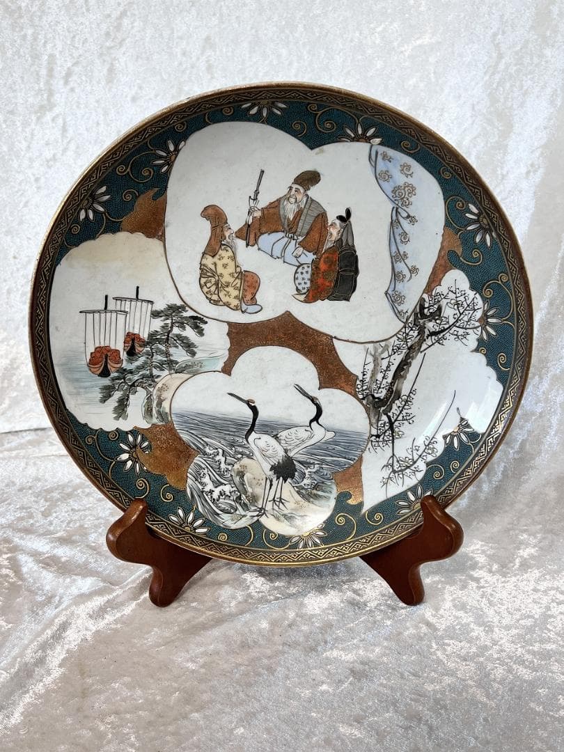九谷焼青粒金彩割取皿　明治期 松竹紋　双鶴紋　翁紋