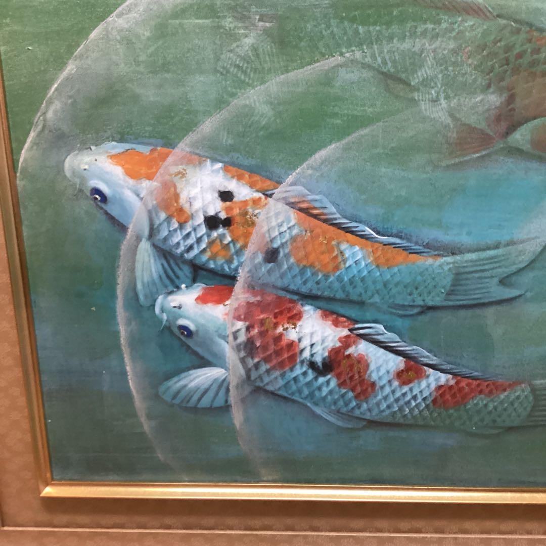 六代目　歌川豊国作　【　遊鯉図　】　木枠額装　日本画手描き板画