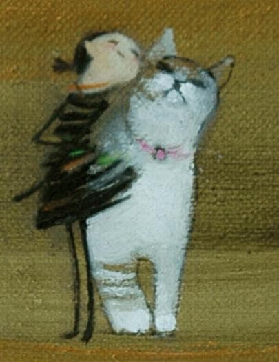 油絵 菅家令子 絵 絵画インテリア額付(白) F3-030919 子猫子犬女の子