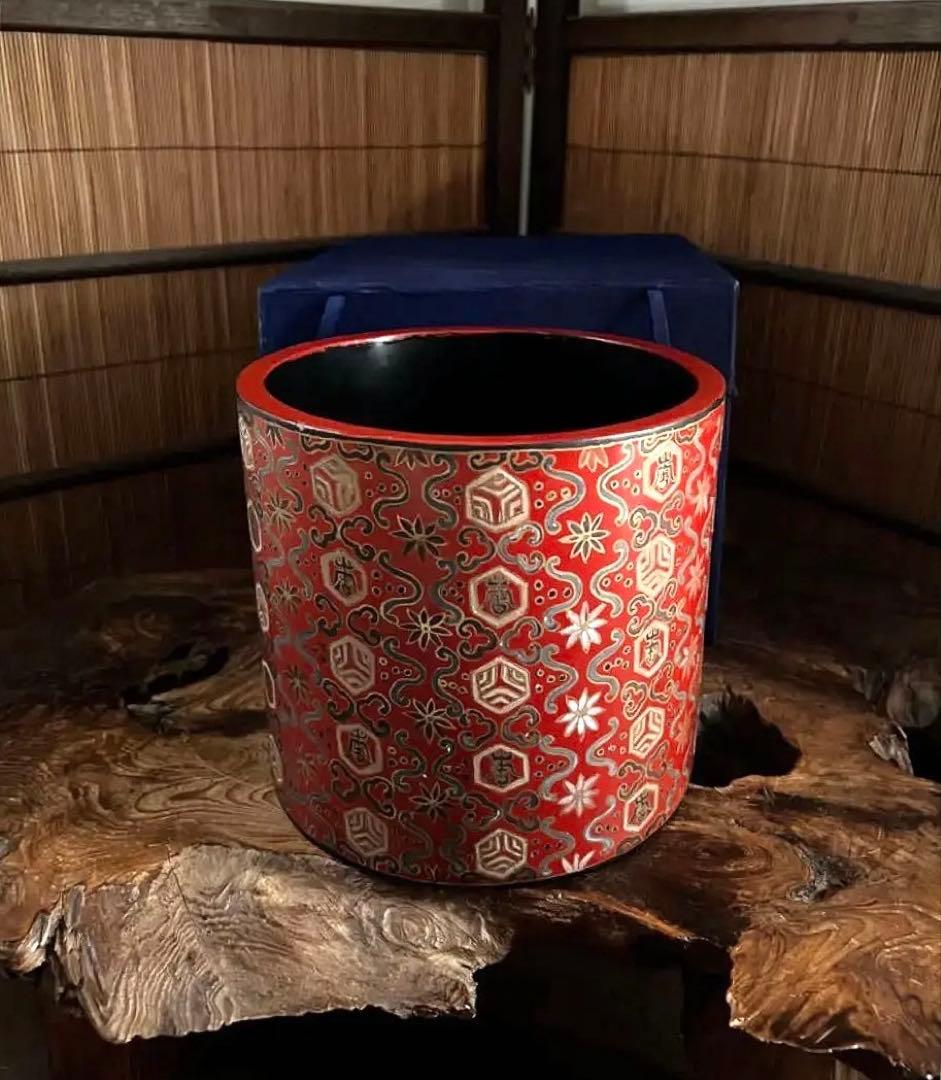 中国美術 時代 木/乾漆 朱塗り黒塗り 大筒/筒 共箱 処分価格