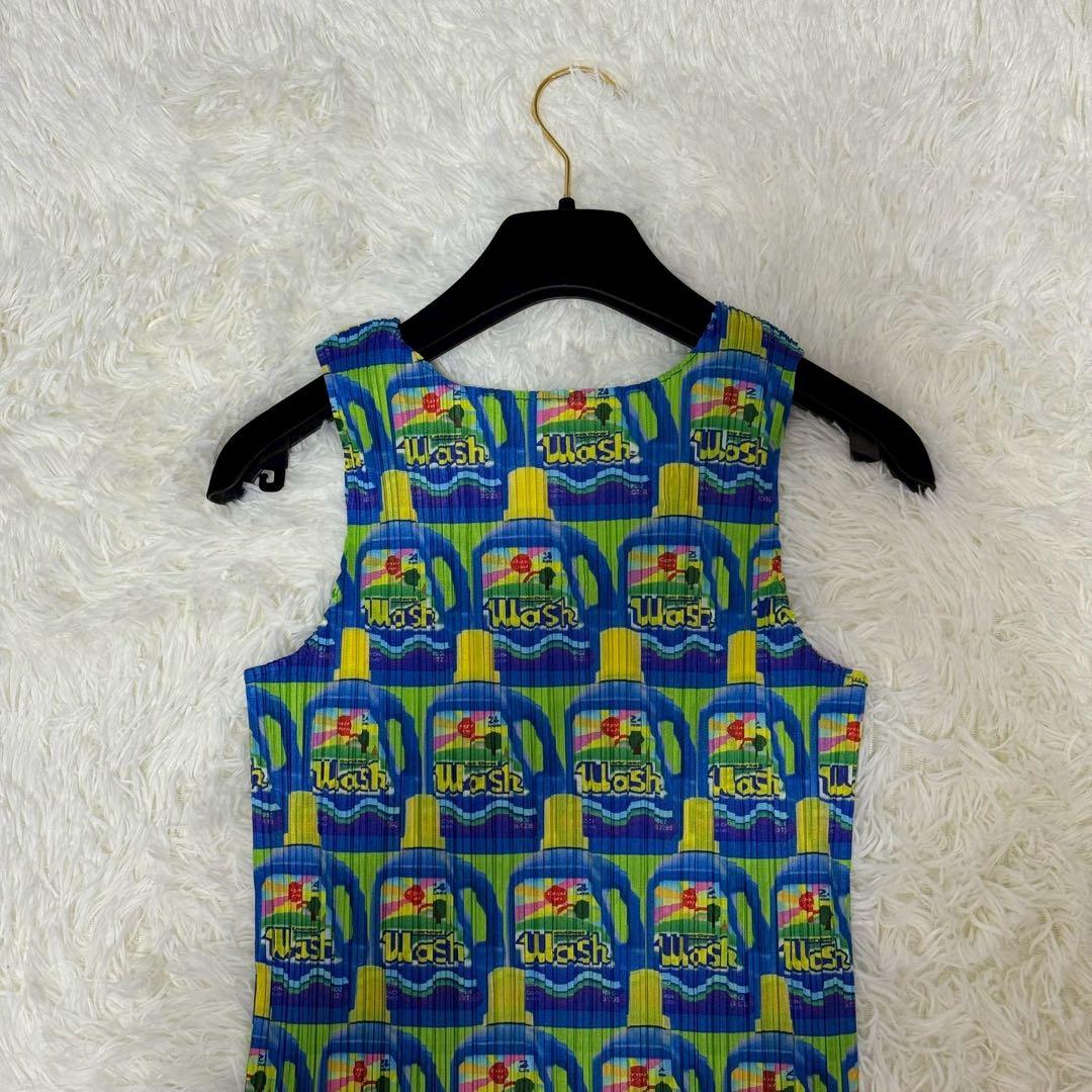 希少 プリーツプリーズ 洗剤柄 WASH ノースリーブ トップス 総柄 L相当