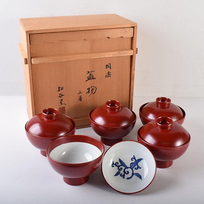 和食器　松谷窯　内染付　陶漆　蓋物　蓋碗　５客　共箱　M　R8058C