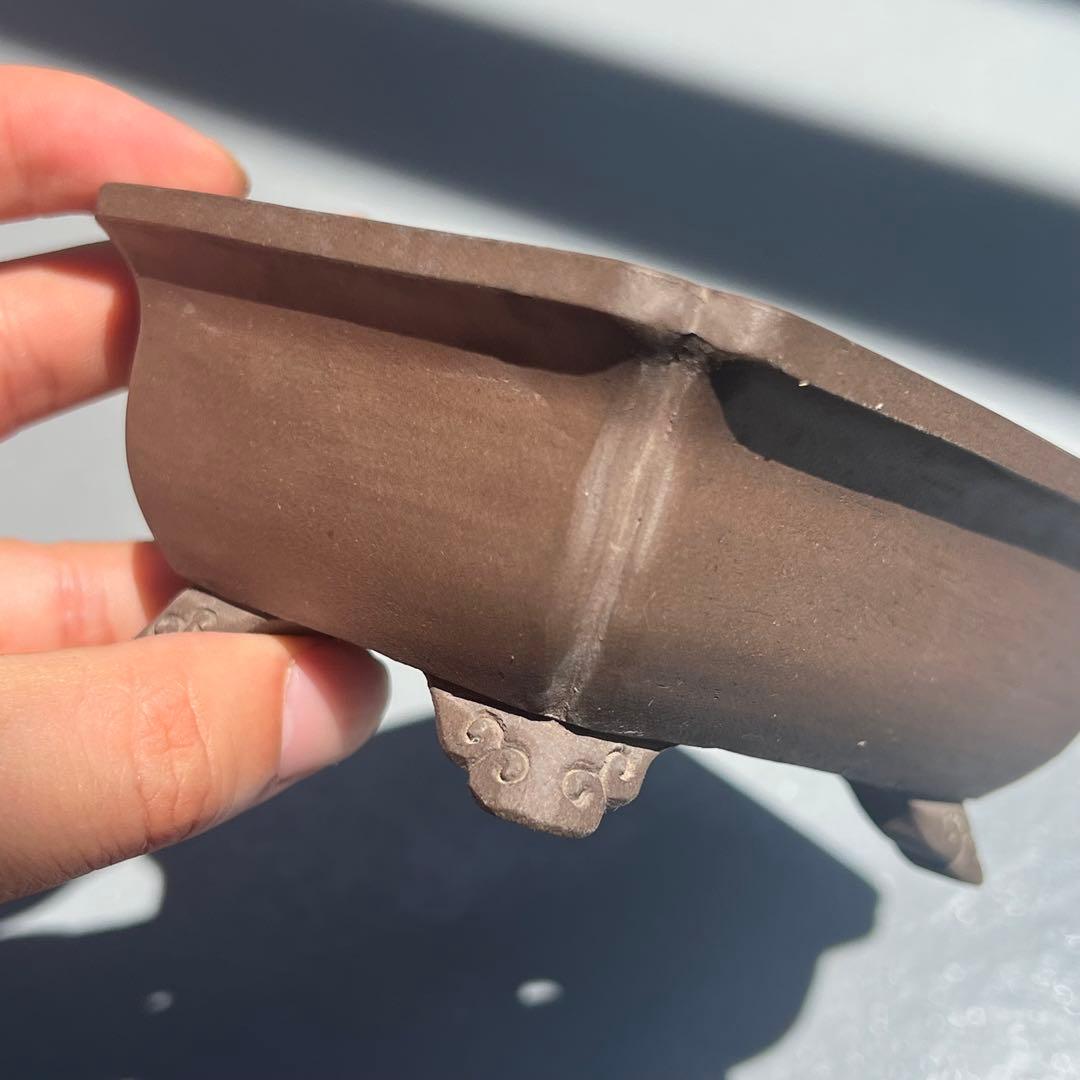 536.幸乐 紫泥隅角雲足長方 盆栽鉢 植木鉢 11.1*9.3*4.6cm