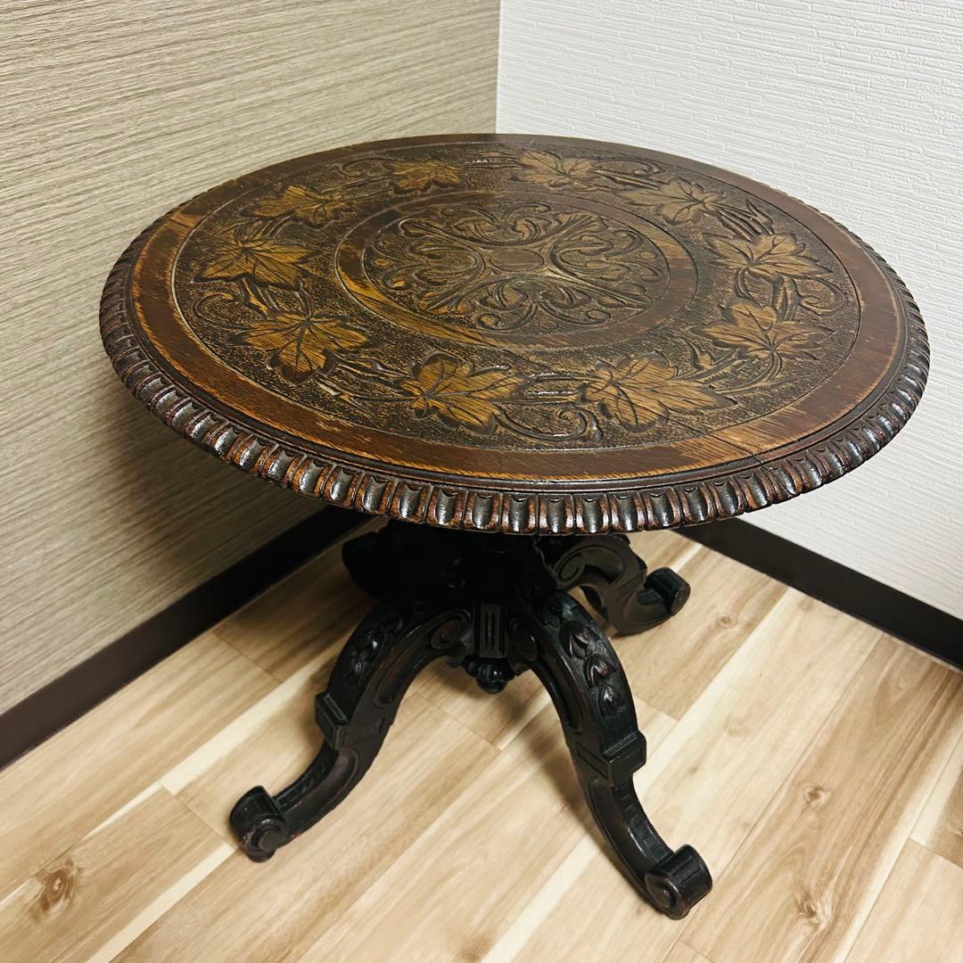 ヴィンテージ アンティーク 手彫り テーブル 猫足テーブル 高級 家具 葉脈