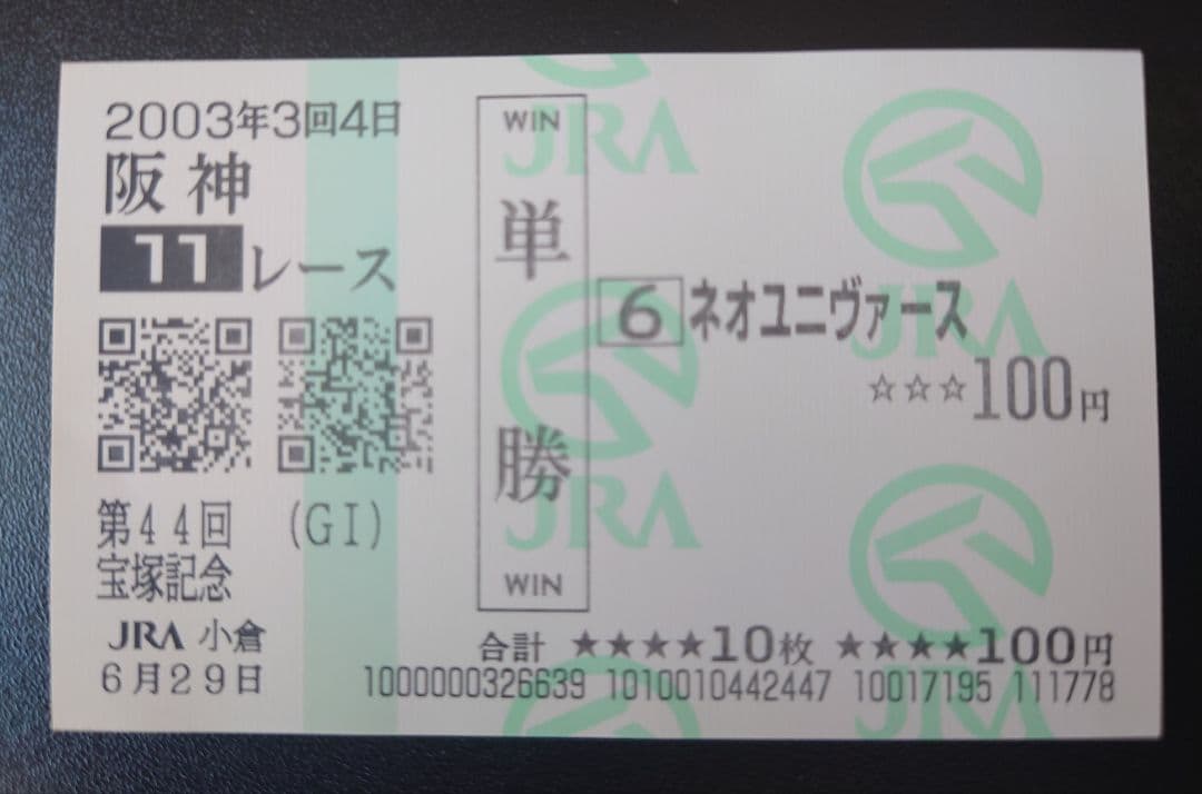 『ネオユニヴァース』単勝馬券（Ｇ１出走レース６枚セット）