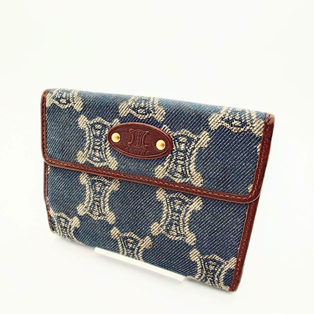 【美品】 セリーヌ 折り財布 トリオンフ マカダム柄 デニム レザー インディゴ