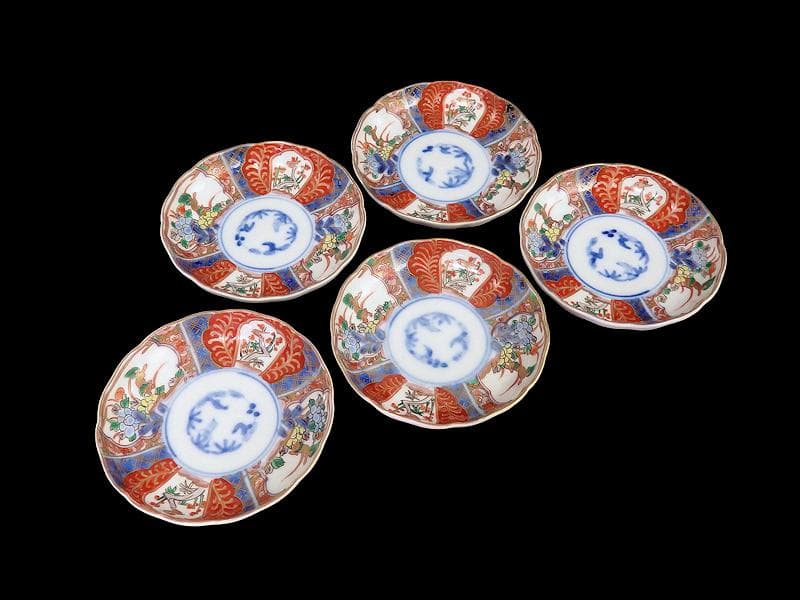 古伊万里　色絵　獅子に牡丹　梅に鶯の図　４寸皿　５枚　C233AS-fbsy