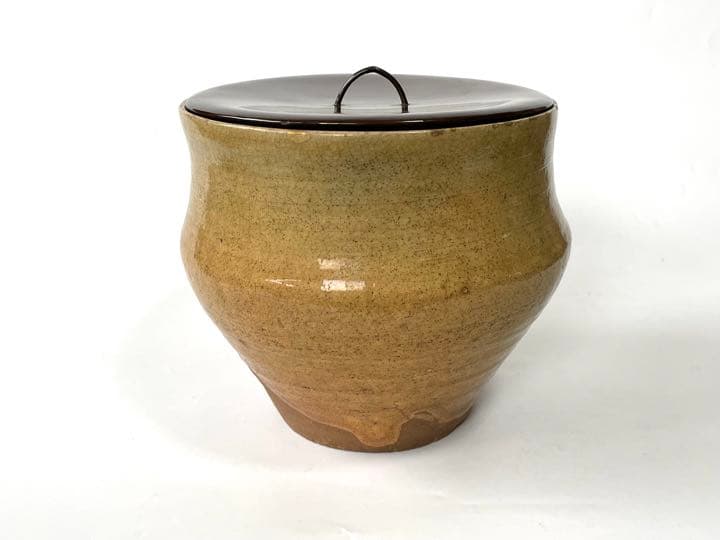 骨董　古美術　権兵衛焼　水指　出雲　楽山　伊羅保　黄伊羅保　枇杷　茶道具　塗蓋
