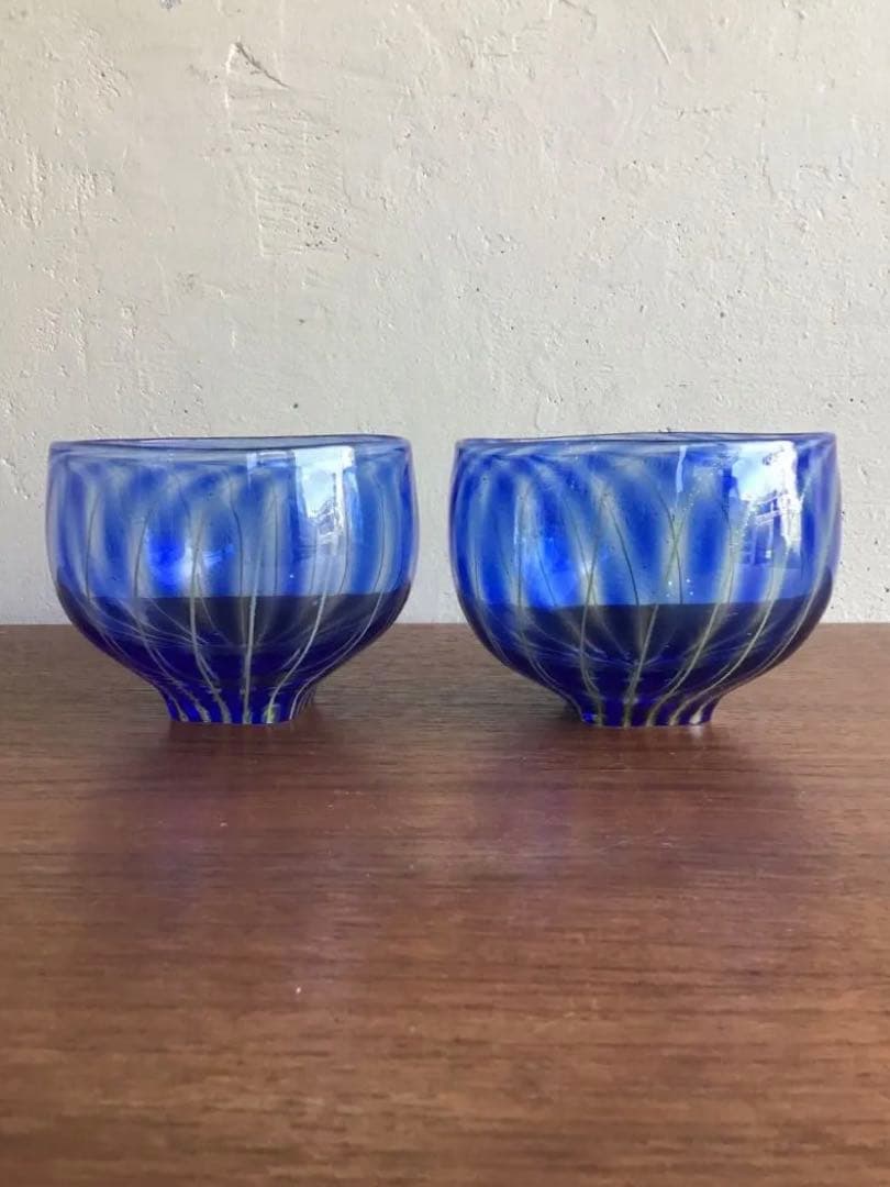 高梨良子作　縞ガラス　ぐい呑み　小鉢　サラダボウル　2個セット