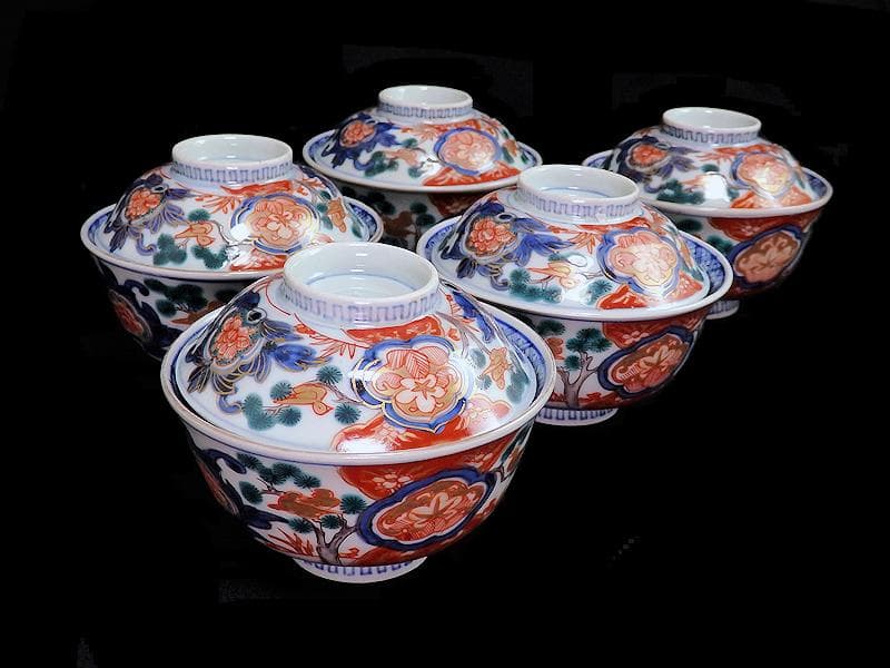 古伊万里　金襴手　窓絵　花鳥紋の図　蓋茶碗　５客　C884AS-CEv