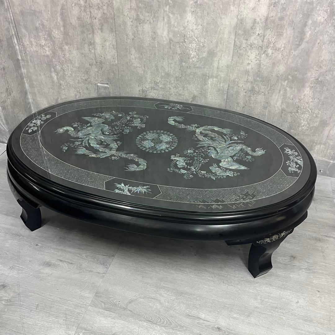 こうね　螺鈿細工 ガラス天板付き 座卓 テーブル 鳳凰 黒漆