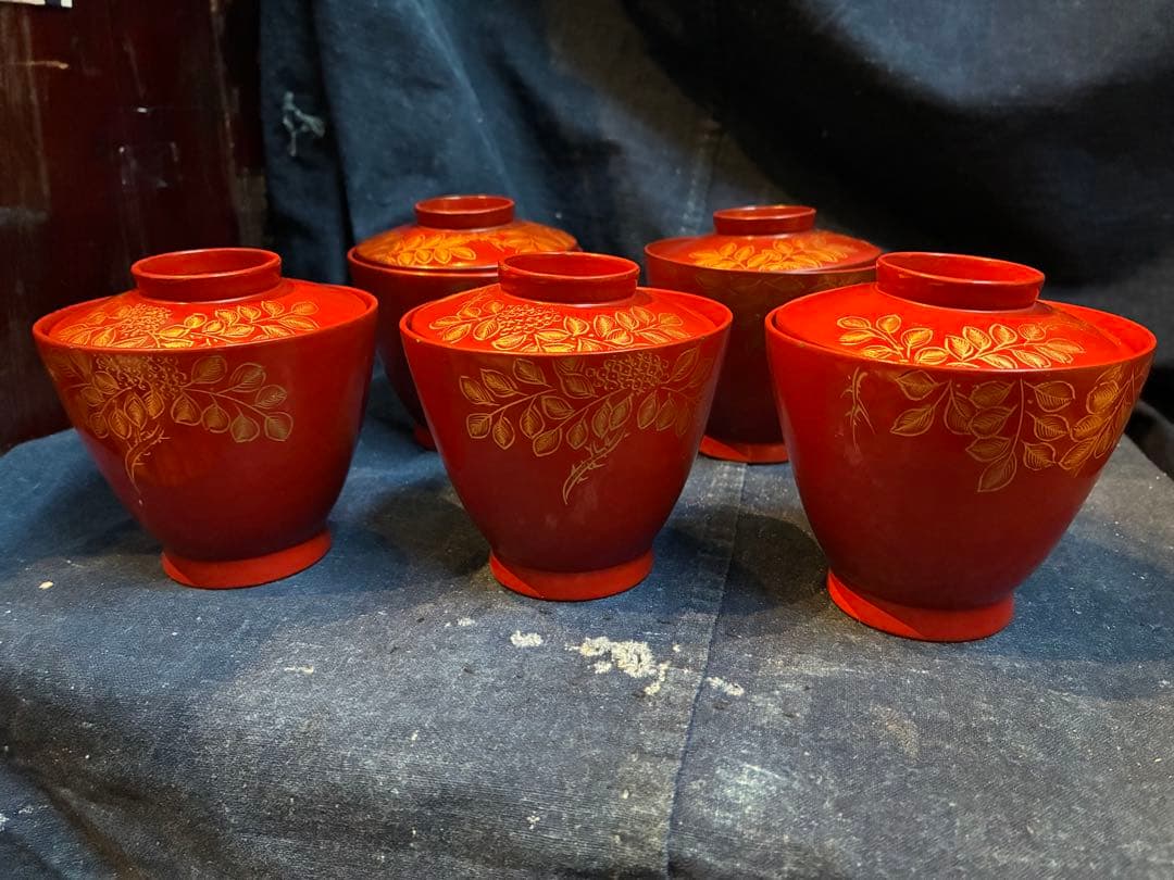 漆器　沈金　②吸物椀　荷物椀　5客　輪島塗　漆傷みなし 朱塗り　木製　小吸物