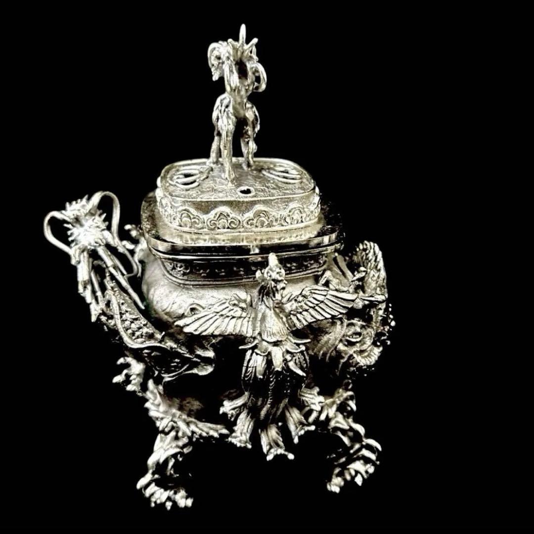 ・伝統工芸 高岡銅器 洋銀 香炉 龍摘 双鳳凰耳　須賀月芳　共箱　保証書付き