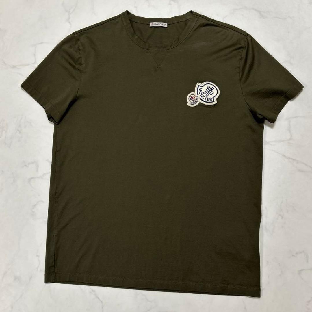 【美品】MONCLER カーキ　ダブルワッペン　Tシャツ Lサイズ