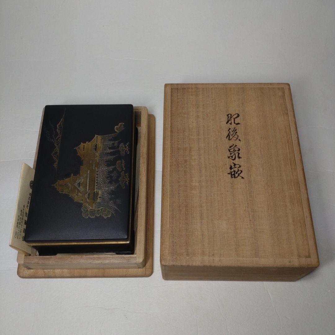 肥後象嵌 鉄地金銀象嵌 城山風景図 煙草入 在銘 箱付
