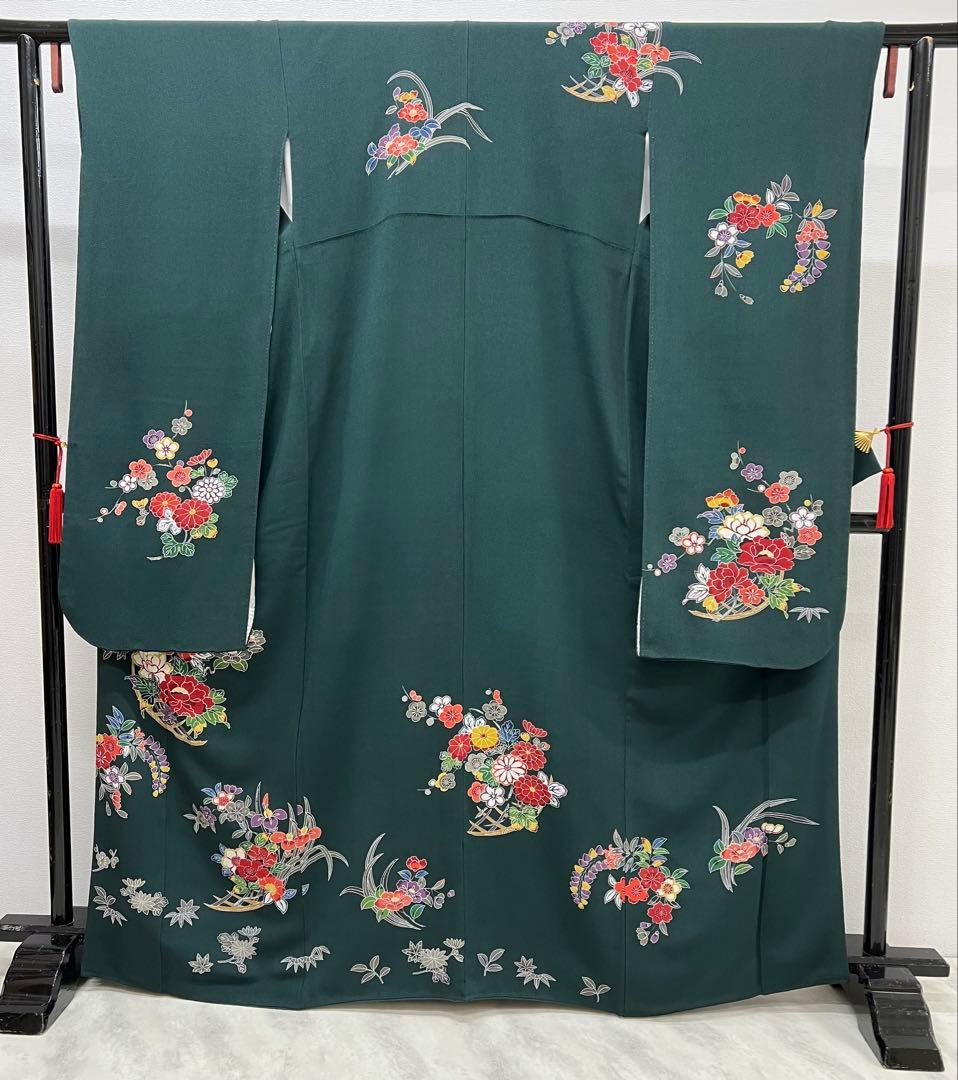 振り袖　フルセット　浜ちりめん　別誂長襦袢　深緑　個性的　友禅　成人式　717