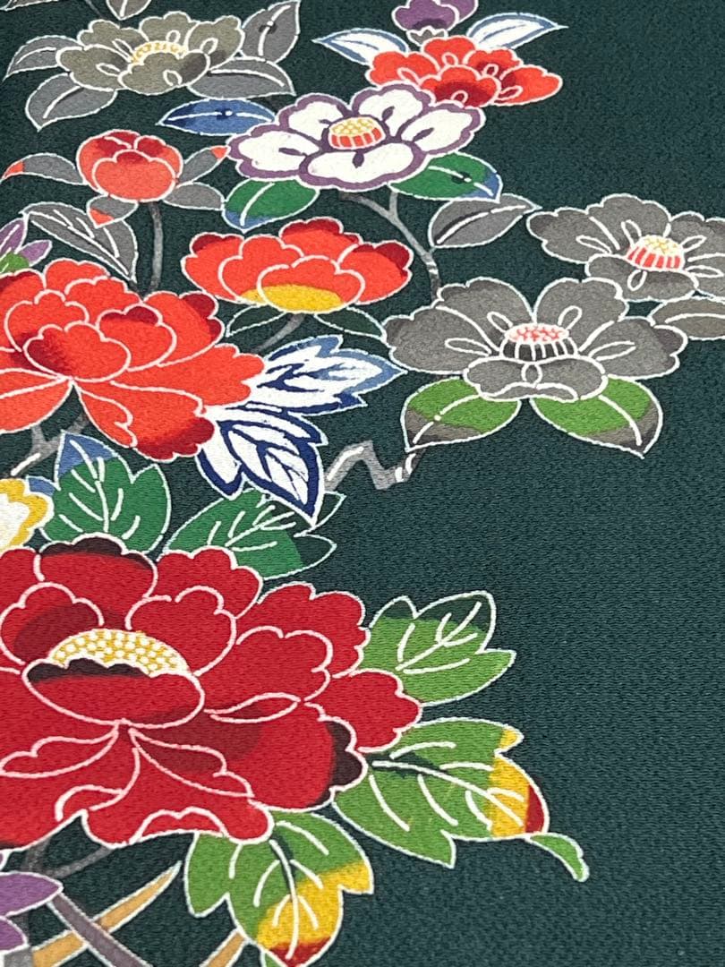 振り袖　フルセット　浜ちりめん　別誂長襦袢　深緑　個性的　友禅　成人式　717