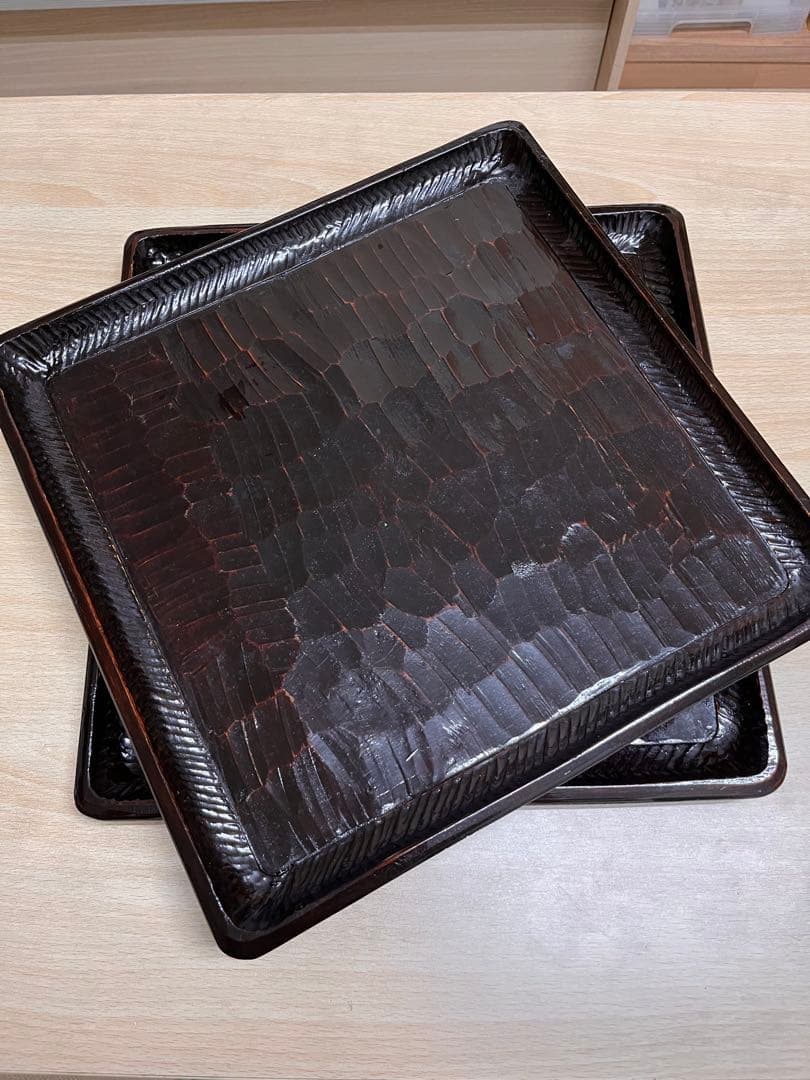 讃岐盆　讃岐彫り　四方盆 2枚　木製 お盆　漆塗　トレー　アンティーク　昭和