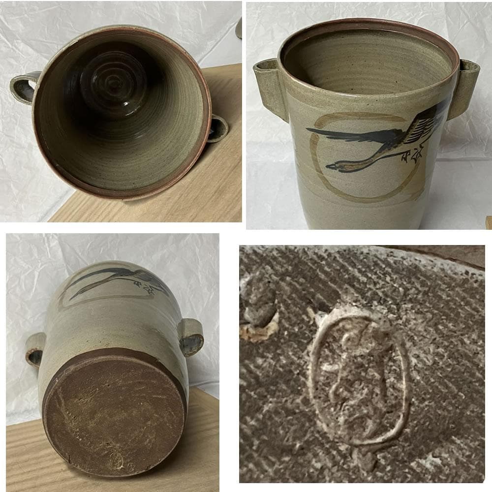 F1408 虫明焼 耳付水指 月に雁 木箱入り 水指 茶道具