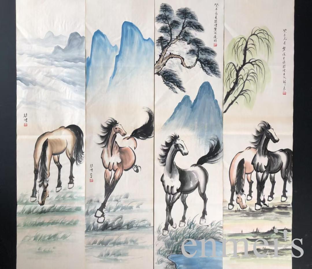 中国古美術・馬 四条屏画芯・徐悲鴻印款・水墨画・純手描き・文房置物 ・水印付き