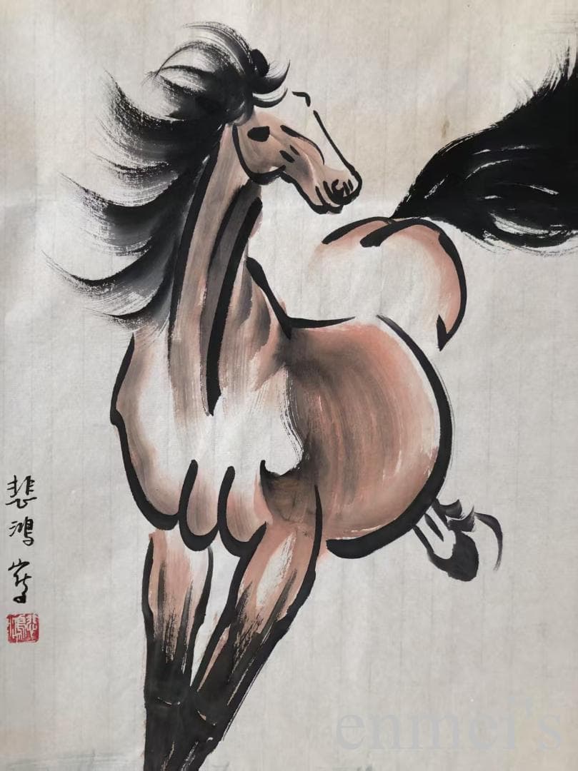 中国古美術・馬 四条屏画芯・徐悲鴻印款・水墨画・純手描き・文房置物 ・水印付き