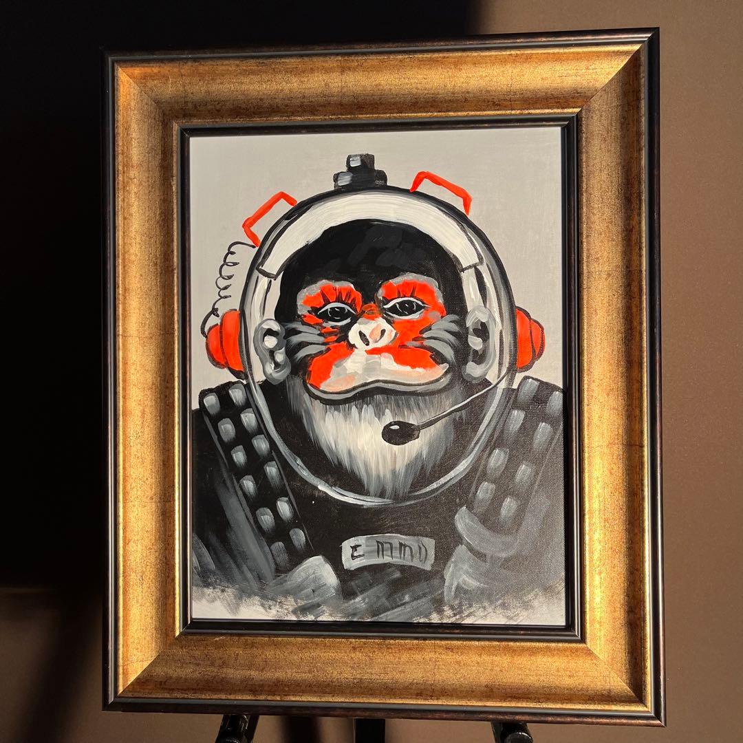 手書き油絵 astronaut monkey絵画 額付き インテリア 油彩画