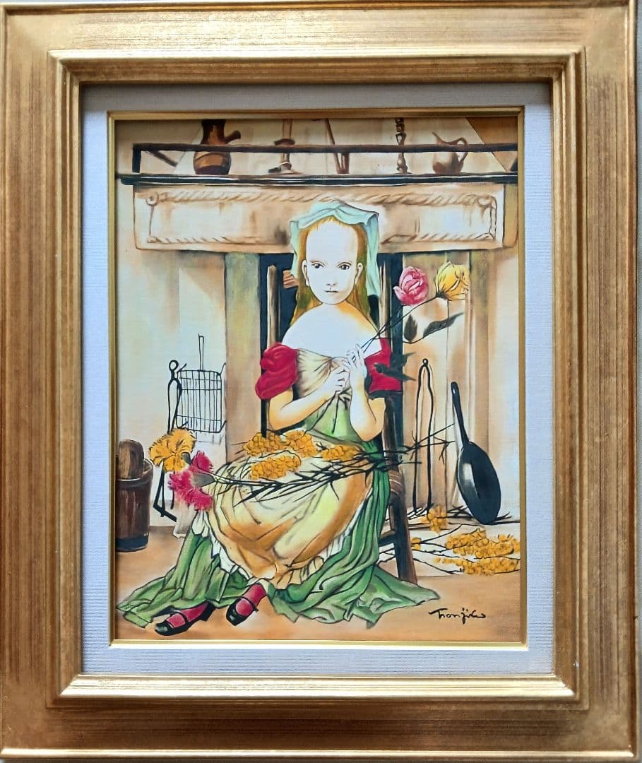 藤田嗣治「暖炉の前の少女」油彩 F6号 肉筆 サインあり